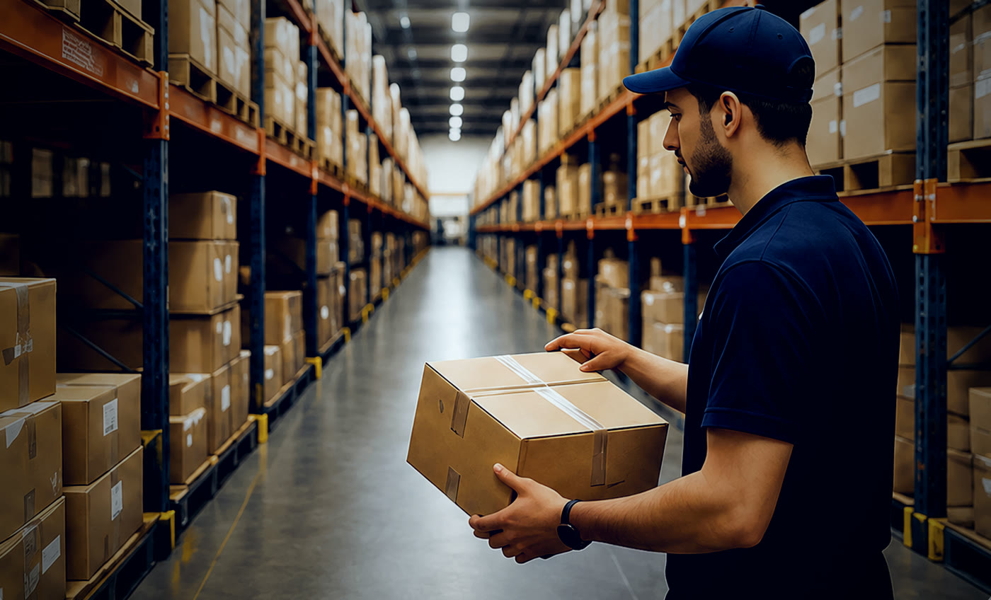 A warehouse operative carrying a parcel down a stocked aisle