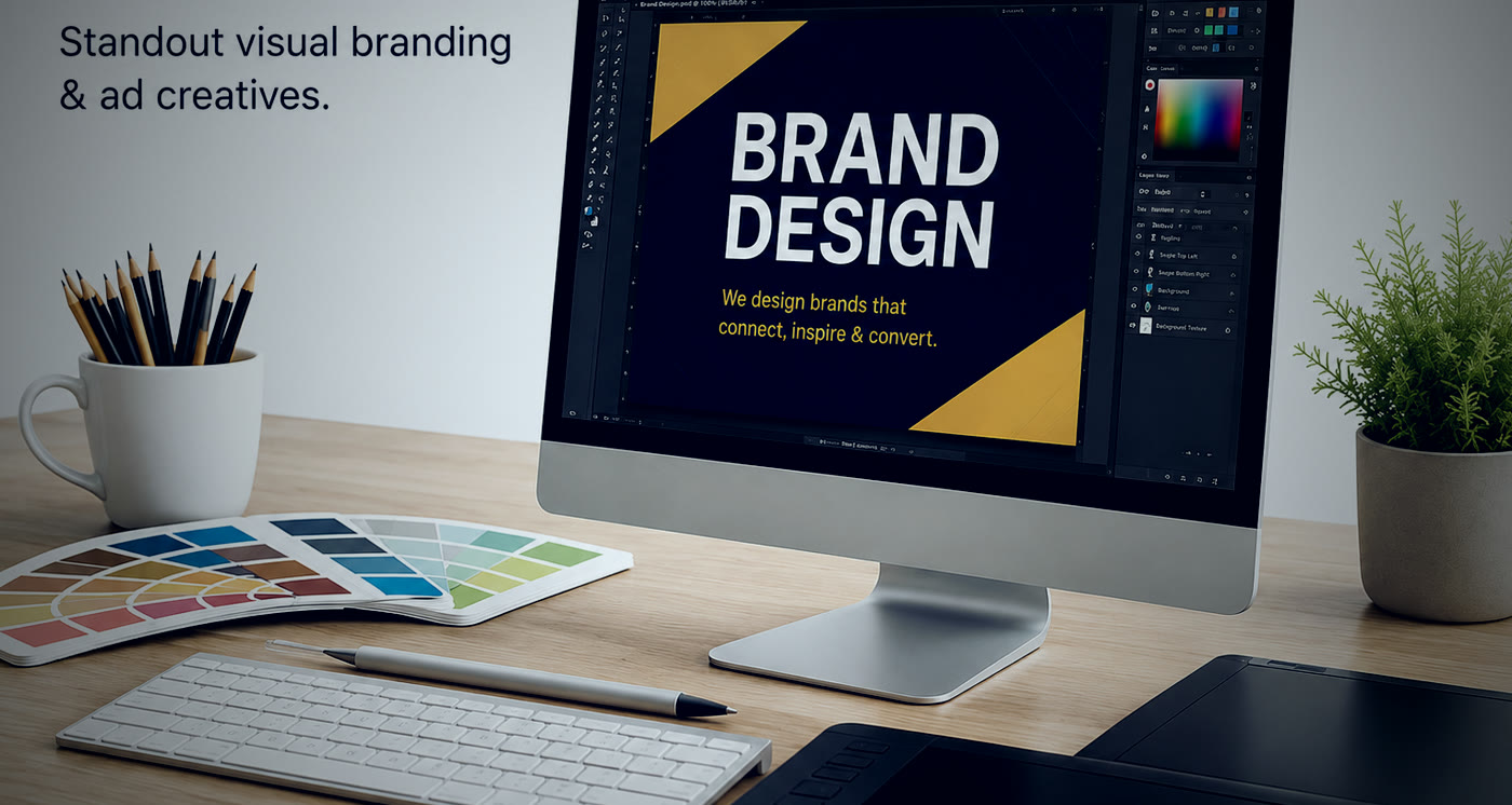 Brand design work open on a large monitor beside colour swatches