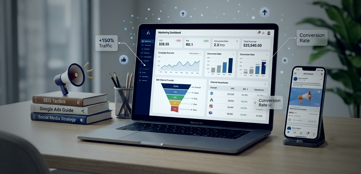 A marketing dashboard showing campaign performance and conversion rates
