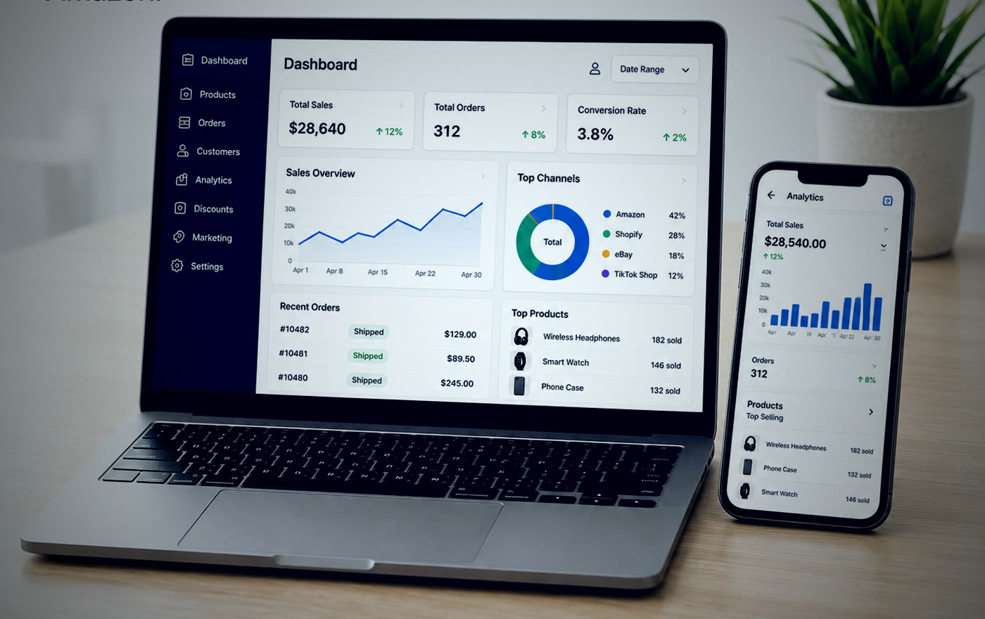 A seller dashboard open on a laptop and phone showing sales and order figures