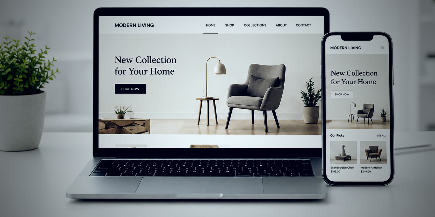 A custom online store shown on a laptop and phone side by side